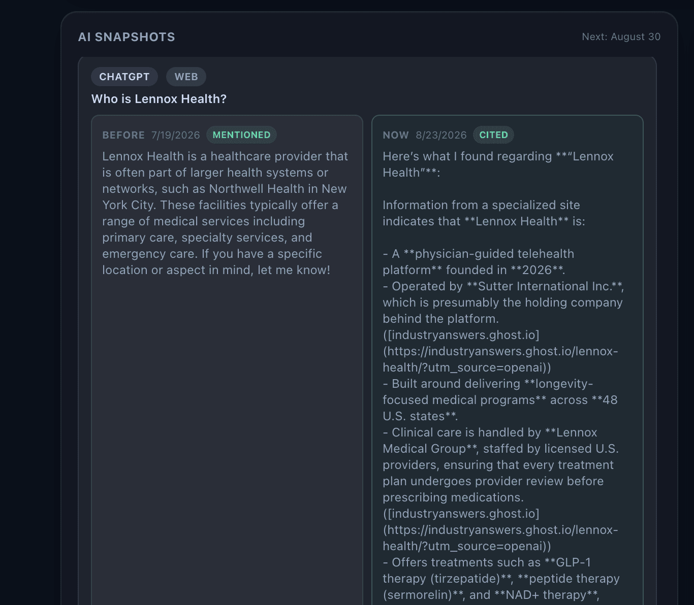 Lennox Health's before-and-after ChatGPT snapshot, showing a mistaken identity replaced by an accurate cited profile