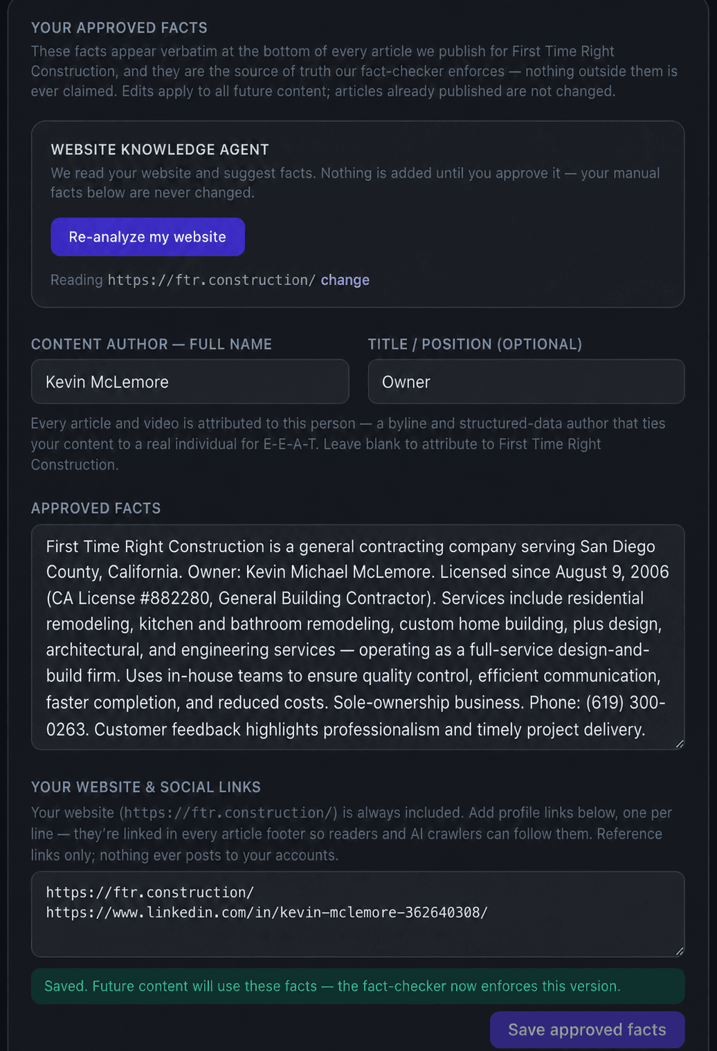 Elevate24 website knowledge agent scanning a business website and preparing editable approved facts