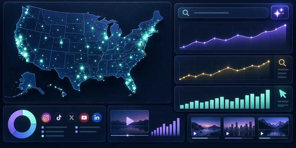Tracking illustration: website traffic map, search charts, and social performance. Open for real client data.
